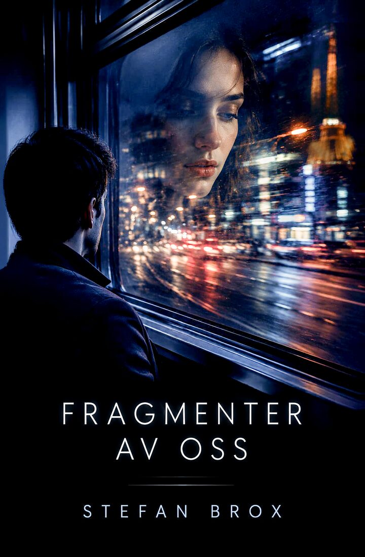 Omslaget til Fragmenter av oss: en mann ser ut av et regnvått vindu mot en opplyst by om natten, med et kvinneansikt speilet i glasset